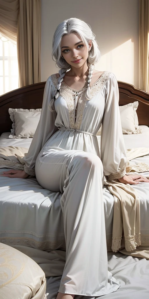Woman White Hair Golden Eyes White Skin White Clothes Bed Bedroom Side Braids Open Legs High Quality Masterpiece Additional Ideas:
The woman may be smiling or looking at the camera.
The bed can be covered with white sheets.
The bedroom can be decorated with white furniture and accessories.
The image may have soft, natural lighting.