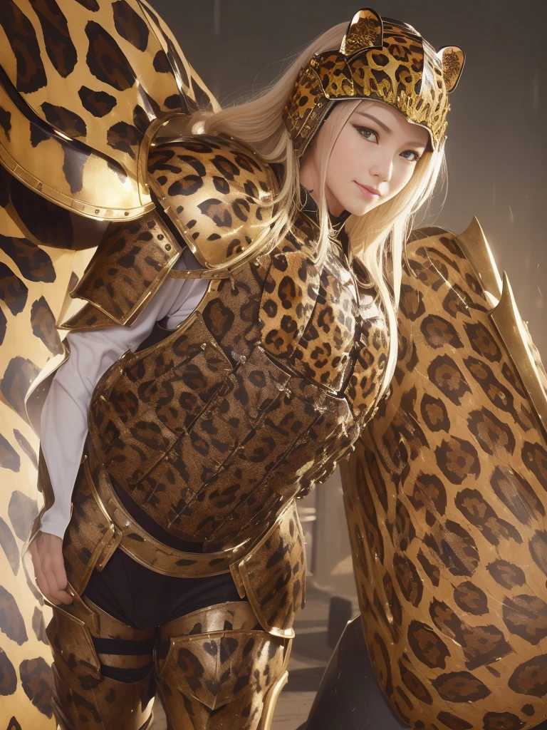 best qualtiy、masutepiece、超A high resolution、(Photorealistic:1.4)、infp young woman、modeled、long legged、small head、a small face、blonde hair、(Decorated night helmet covering the ears:1.2)、(Richly decorated leopard-print full-body armor:1.5) 、Tight waist armor、(Falls Armor:1.9)、(Crotch Protector:1.4)、Leg armor、Appearance without makeup、smil、(the perfect body:1.7)、By Michelangelo