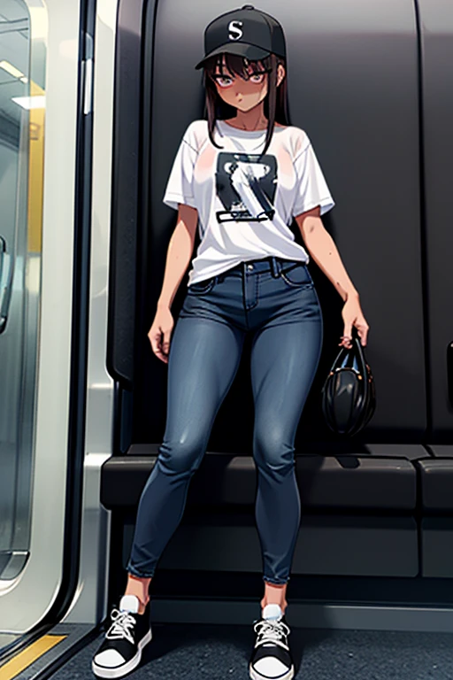 on the train、Full body photography、,Adult female、Gal、Bad look in the eyes、,Long black hair,Wet Hair、Black baseball cap、T-Shirts、jeans、sneakers、dissatisfaction,Sulky,blush、the woman looks disgusted、
