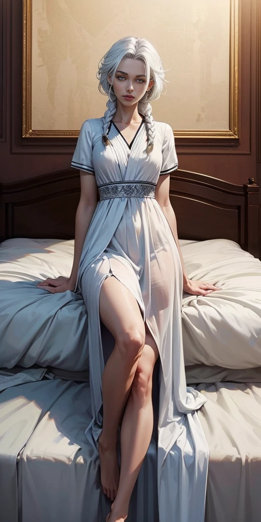 Woman White hair Golden eyes White skin White clothes Bed Bedroom Side braids Open legs High quality Masterpiece