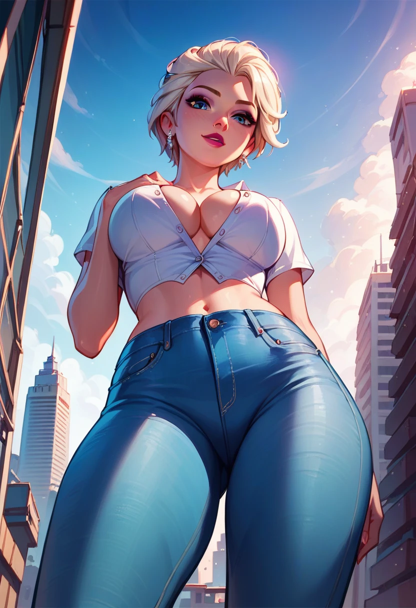 score_9, score_8_up, score_7_up, score_6_up, elsa, short hair, skintight jeans, and (tucked in white blouse, unbuttoned:1.2), cinematic lighting,, looking at viewer, city background, low angle.