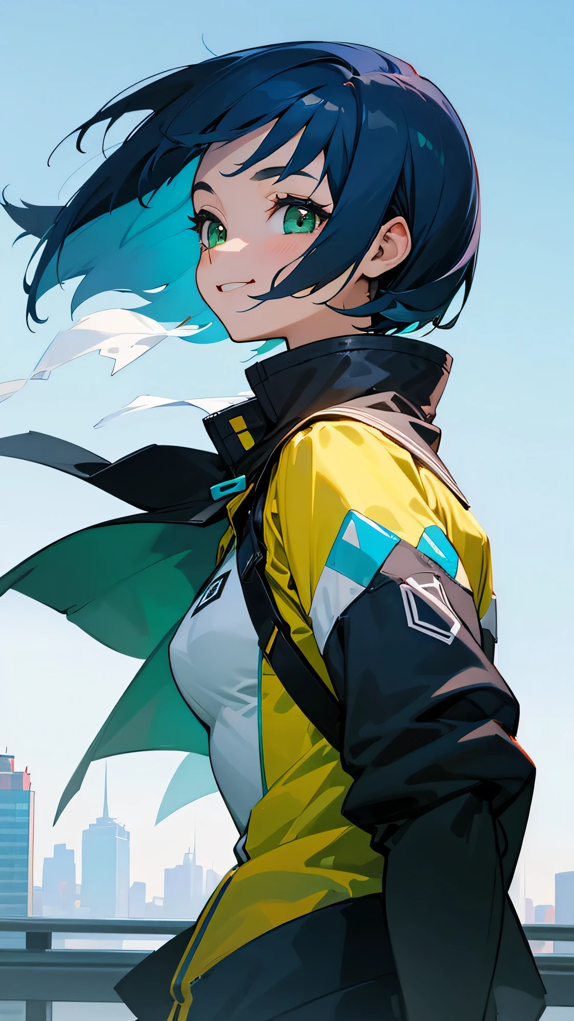 Cheerful girl、Small breasts、Riders jacket、Dark blue hair、Bob Hair、Green round eyes、From the side、gloves、Bright smile、Skyscraper、rooftop、Blowing in the Wind、blue sky、Upper body close-up、Sharp contours