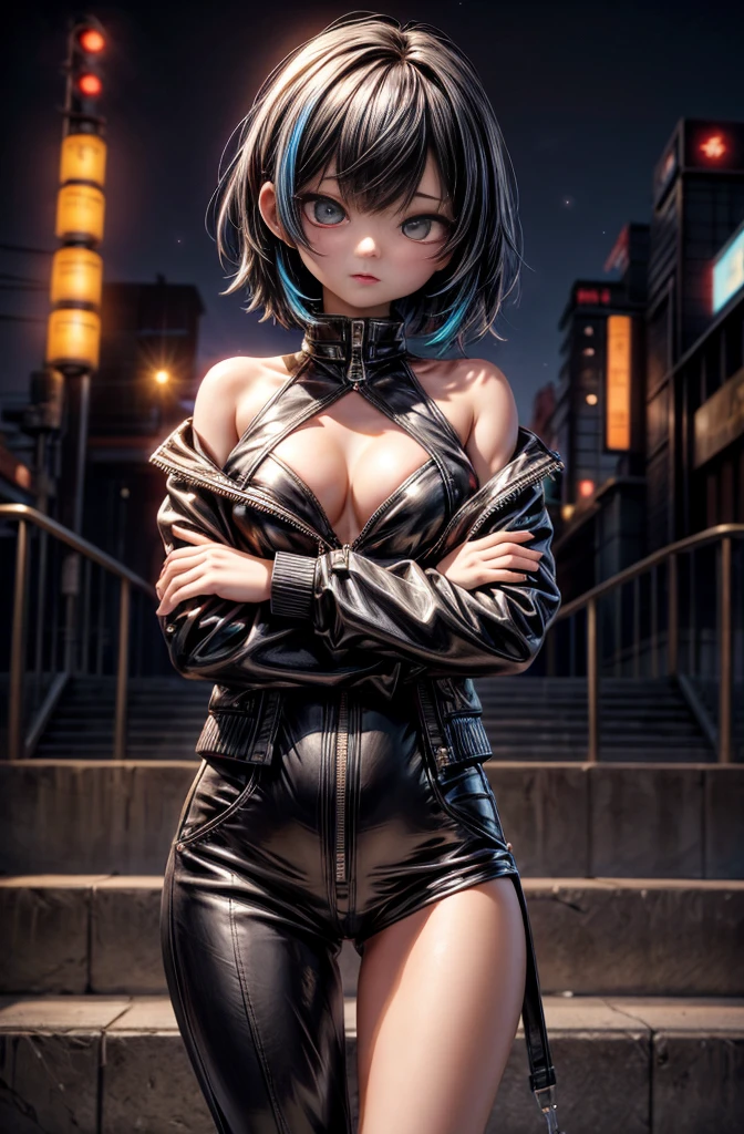 Cinema Lighting,Highly detailed skin、Beautiful details、Highest quality,cyber punk,(Exchange、Dim color, Calm tone、Perfect Anatomy:1.3),(One beautiful woman、Beautiful features down to the last detail:1.3)(Black short hair)Shapely breasts、break.Black Leather Jacket、Black Satin Suit Slacks、.Black Hair、Put your hands in your pockets、Arms crossed、Near city station、night。Japanese, Huge