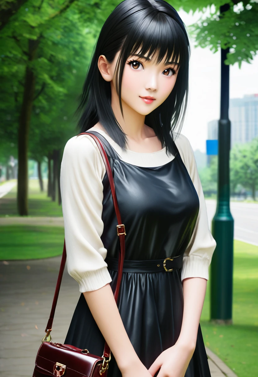 anime girl with a handbag and a purse in a park, a character portrait inspired by Hisui Sugiura, pixiv contest winner, shin hanga, anime girl wearing a black dress, attractive anime girl, realistic anime artstyle, realistic anime art style, realistic young anime girl, realistic anime 3 d style, in an anime style, marin kitagawa fanart
