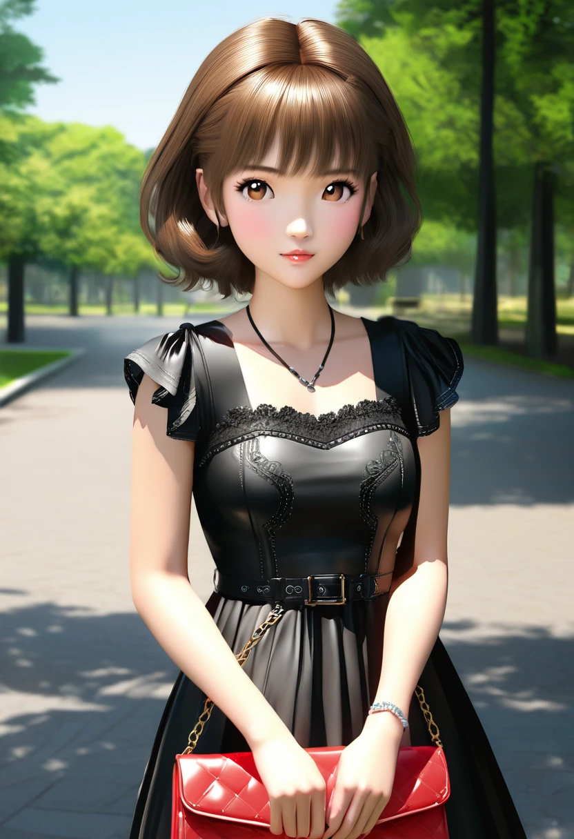 anime girl with a handbag and a purse in a park, a character portrait inspired by Hisui Sugiura, pixiv contest winner, shin hanga, anime girl wearing a black dress, attractive anime girl, realistic anime artstyle, realistic anime art style, realistic young anime girl, realistic anime 3 d style, in an anime style, marin kitagawa fanart