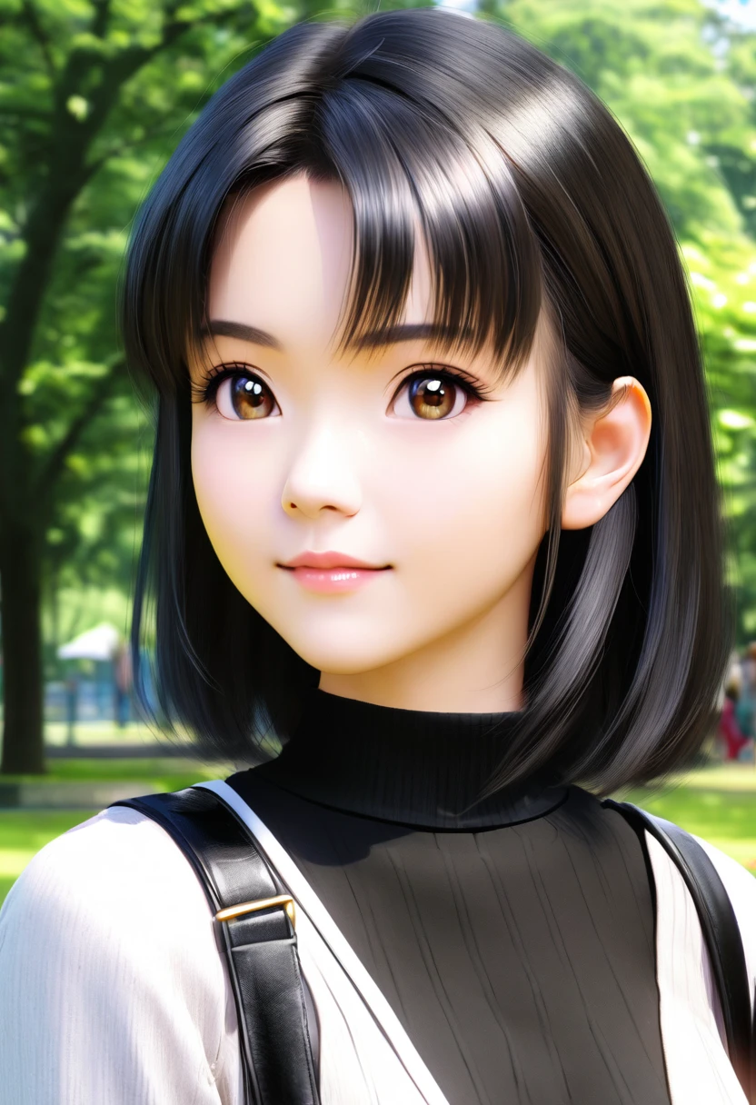 anime girl with a handbag and a purse in a park, a character portrait inspired by Hisui Sugiura, pixiv contest winner, shin hanga, anime girl wearing a black dress, attractive anime girl, realistic anime artstyle, realistic anime art style, realistic young anime girl, realistic anime 3 d style, in an anime style, marin kitagawa fanart