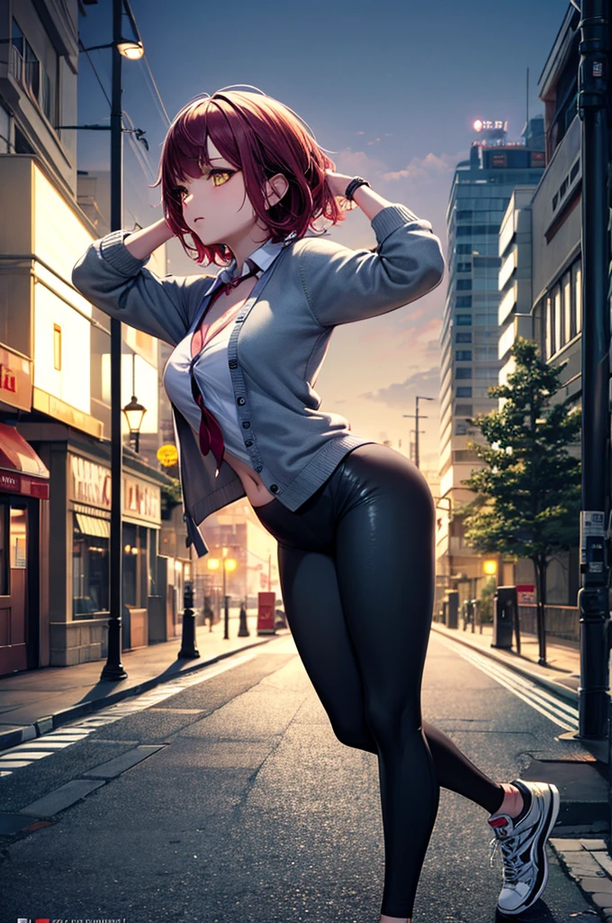 Highest quality, masterpiece, Cinema Lighting, Complex, cinematic detailed Realistic background, Detailed face, whole body, Small breasts, Realistic, Clear lines, , , A girl jogging, Cityscape, night, tie shirt, View your viewers, tattoo, Model pose, Open cardigan, Ring-shaped yellow eyes, Street lights, lamp post, Yoga pants, Split Color Hair,