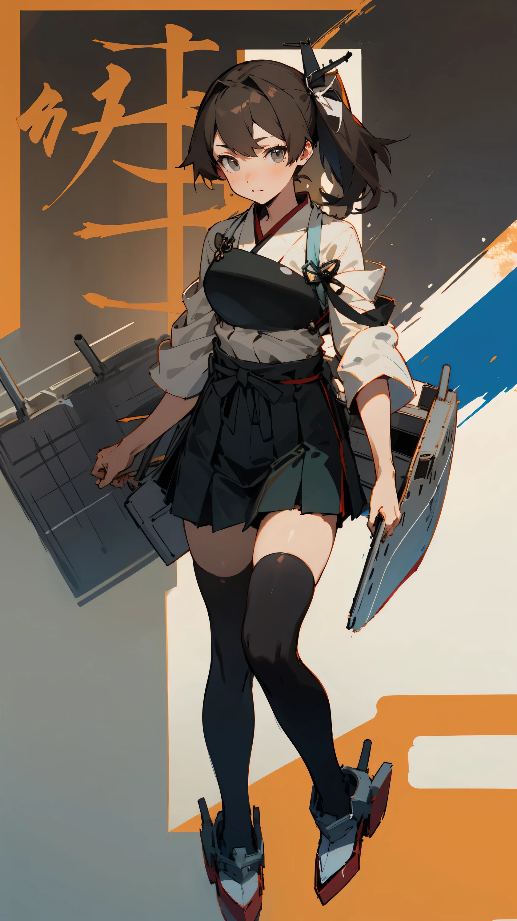 (masterpiece, Highest quality) detailed, From you (Kantai Collection), {{From you kai ni (Kantai Collection)}}, Side Ponytail, Brown eyes, Long black hair, black thighhighs, Short skirt, In the same way skirt, kimono, , blue In the same way, In the same way, breastplate, tasuki, whole body,Chinese element pattern，thigh,  Japan bow, Ready the Japan bow
