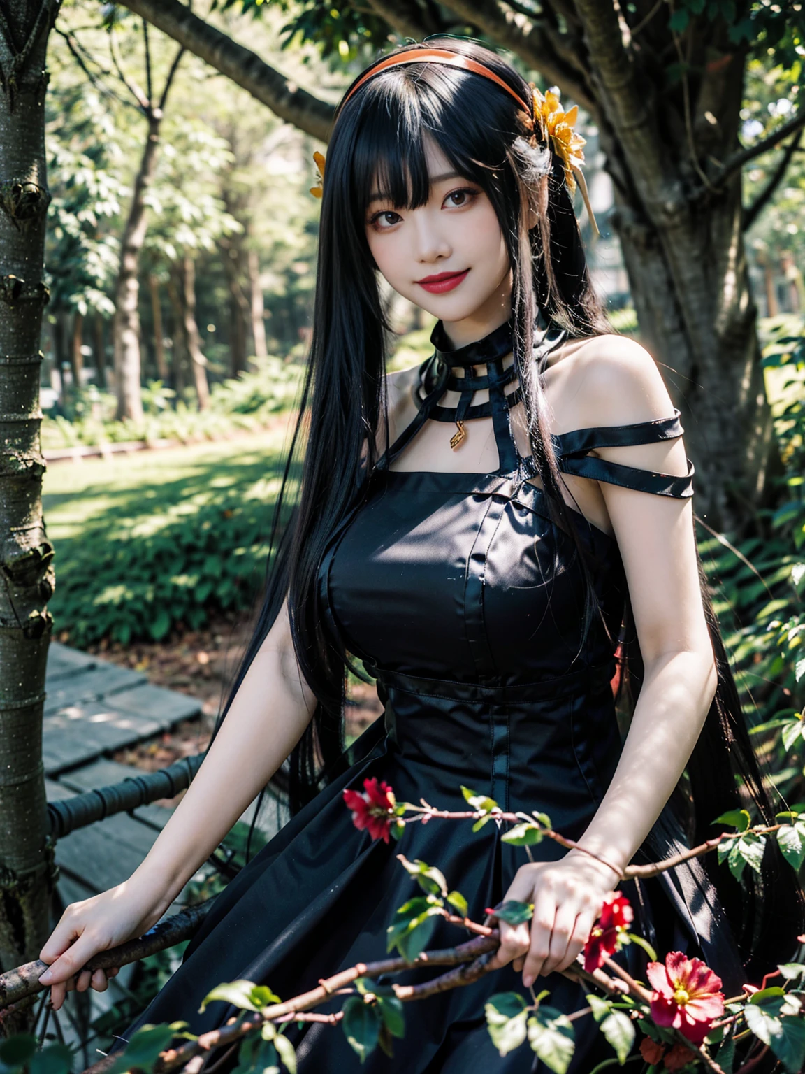 A sexy girl standing in a park, wearing a seductive outfit, long hair flowing, sunlight filtering through the trees, a radiant smile on her face, surrounded by lush greenery, flowers, and trees.