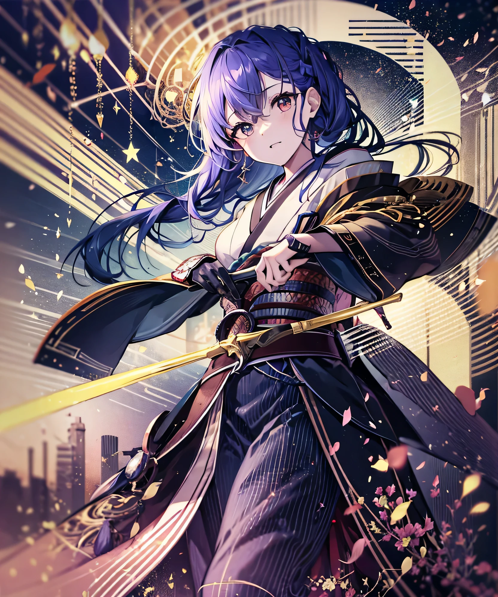 (((masterpiece)))、(((Highest quality)))、((Ultra-detailed))、One Girl、Laughter、Long-haired、Light purple hair、strong風、Originally、Holding a sword in his hand、kimono、Long sword、battlefield、Star Chip、monarch、strong