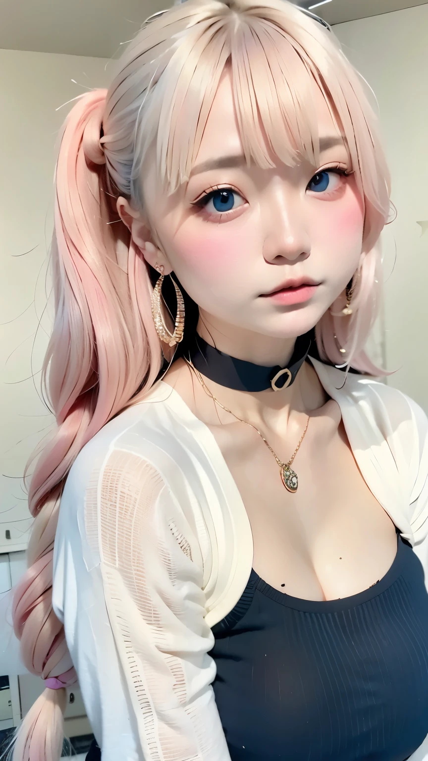 rainbow, One Girl, alone,So cute, Long Hair, Show Viewer, Blue Eyes Background, White Background, jewelry, Mouth closed, Jacket, Upper Body, Pink Hair, Earrings, Pink Eyes, necklace, From the side, sweater, lips, eyelash, Compensate, Wavy Hair, Earrings, cross, lipstick, 耳のEarrings, eye shadow, hoop Earrings, ピンクのlips, Variegated eyes, Pink Theme, , ピンクのeye shadow,