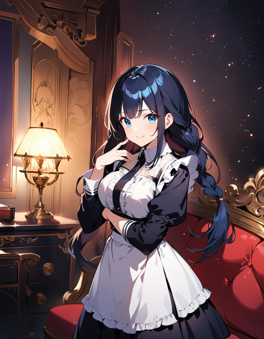 Girl, stylish black long hair, side braids , :3, maid uniform, skirt, middle breasts, slender, royal bedroom background, turning pose , best proportions body, (cinematic lighting), detailed twinkle blue eyes,