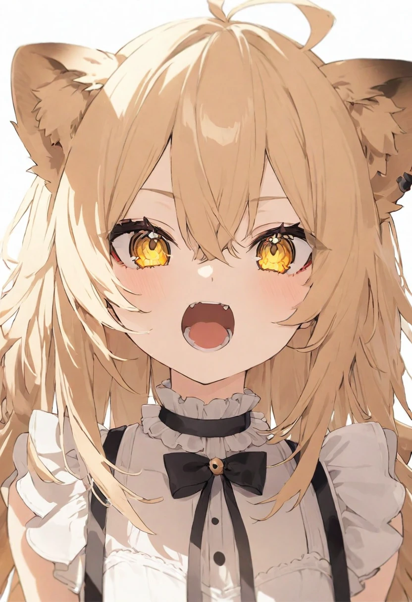 (muste piece), (best quality), (score_9, score_8_up, score_7_up), very detailed eyes, expressive eyes, perfect face, very detailed face, highly detailed face, beautiful girl, 8K, beautiful girl, white background, delicate and beautiful face and eyes, dark intense shadow, 1 girl, vtuber style, cool girl, vtuber, rurudo_lion, blond lion ears, blond lion tail, blond straight hair, blond eyes, hair between eyes, ((white sundress, sleeveless dress, suspender dress)), dress bow, chest visible through clothes, small chest, (cropped shoulders), (clavicle), Poker face, open mouth wide, one Yae Teeth, (one hand paw pose), Upper Body, face close up, look up,