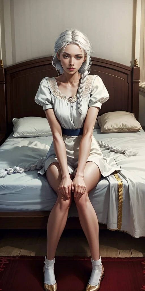 Woman White hair Golden eyes White skin White clothes Bed Bedroom Side braids Open legs High quality Masterpiece