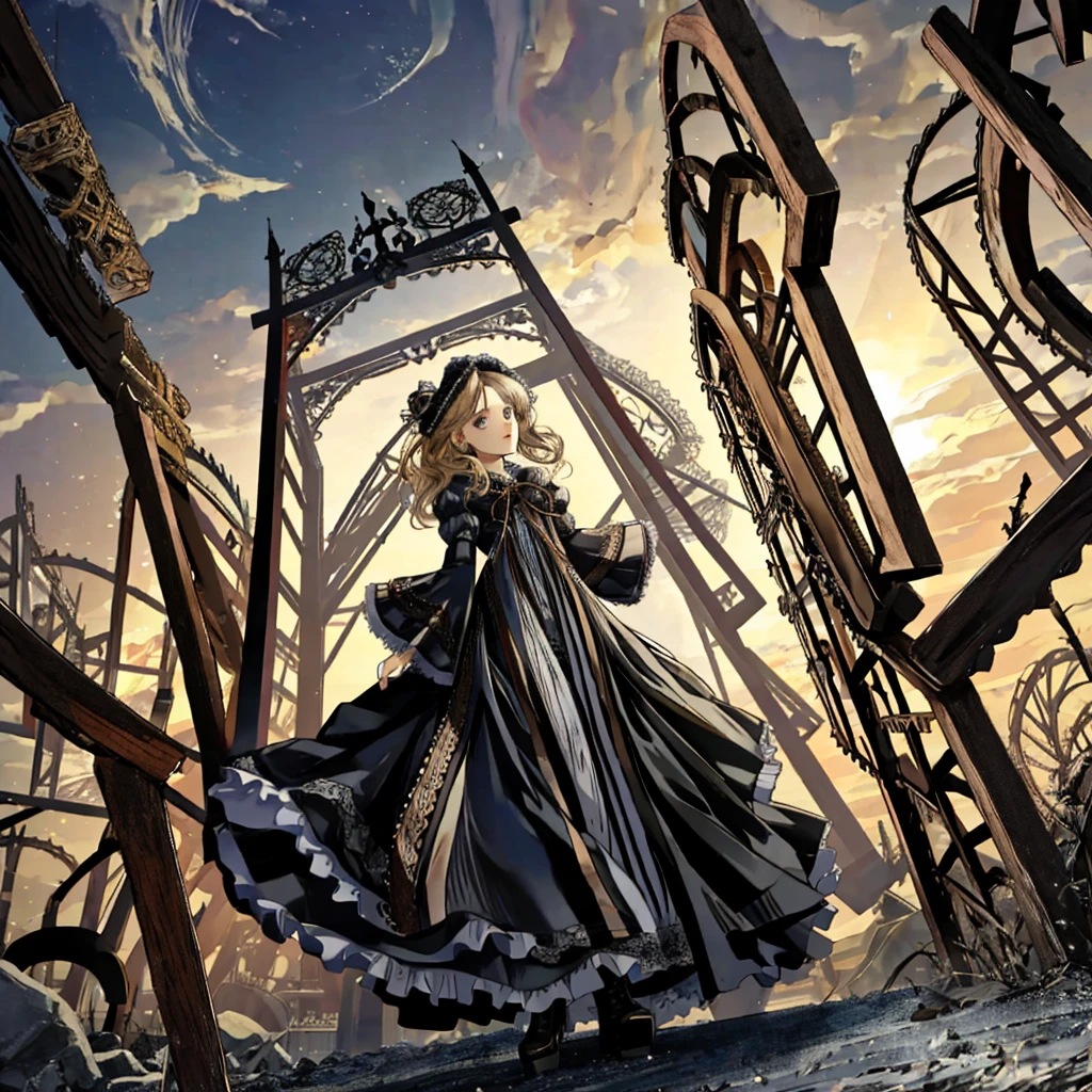A woman wearing a dress and boots is standing in front of a building, Baroque Dress, Detailed steampunk dress, Elegant Gothic Princess, Victorian Gothic Fashion, 歴史的なBaroque Dressダーク, Black Gothic Lolita, Fantasy style clothing, Rococo Dress, Black Rococo, Classic witch, Fantasy Costume, wearing a Gothic Dress, romantic dress, Gothic Dress, sit, Spread your legs, Looking from directly below, Drawers, underwear