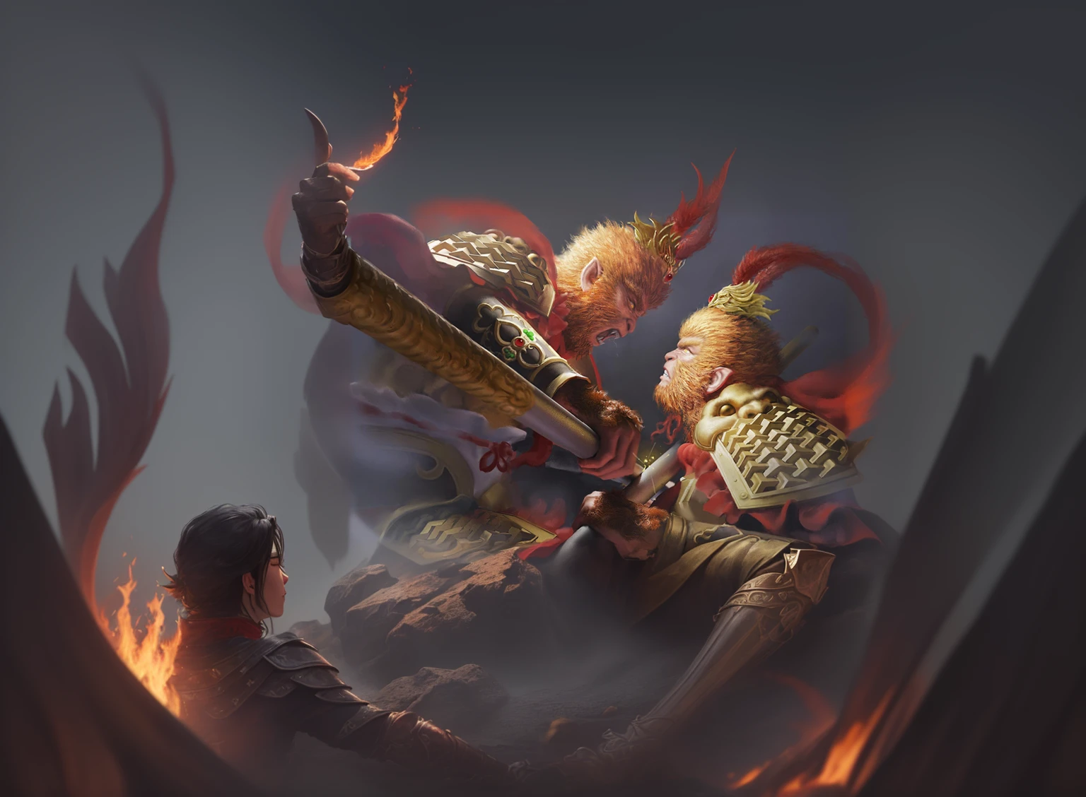 In front of the fire, Lord of Ashes, Ian J., Fire Lord, Inspired by Li Kan, heise jinyao, Epic fantasy art style, Extremely detailed artistic germ, The handsome guy in Demon Slayer, flame, witchcraft, Armor, Phoenix Warrior, Ruler of hell, Inspired by Huang Shen, bian lian