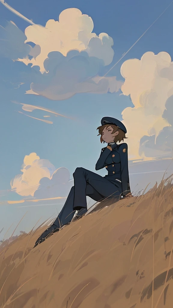 A girl in a uniform is sitting on a hill and looking at the sky　Clouds in the sky