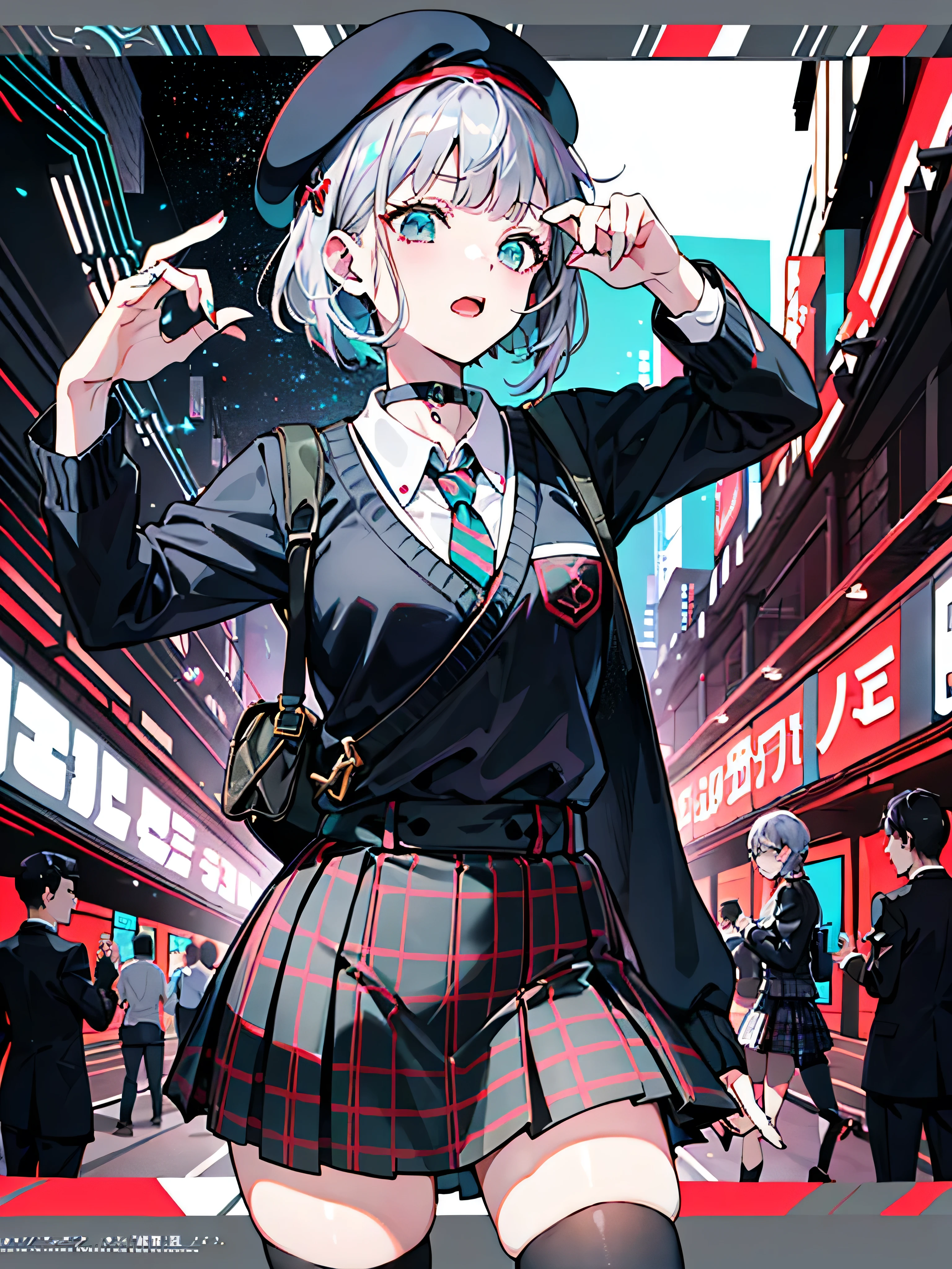 (((dramatic)))、(((Grainy)))、(((intense))))He appears as a central character in the movie poster.。The girl in the center of the poster is shy.、アイドルCostumeを着て、He has a determined look on his face.。backgroundは暗くて粗い、I feel drunk。テキストはBoldで目を引く、Catchy slogans add to the overall drama and excitement。The color palette is dominated by dark colors..、Light colored dots々、Create dynamic and visually impactful posters、Tachi- e(magazine:1.3)、(coverスタイル:1.3)、solo, Red gradient striped hair, short hair, Gray Hair, Lily(Wakka), Black Beret, Checked skirt, choker, Cyan Sweater Jacket, Collared shirt, black plaid tie, Sleeves are longer than your fingers, Blunt bangs、Fashionable、Vibrant、Costume、Pause、front、colorful、dynamic、background、element、Confident、Expressive、fail、statement、Attachmentajestic、Coiled、Surroundings、touch、scene、article、cover、Bold、to attract attention、title、Low Fashion、font、Catchy、title、big、to attract attention、Modern、 trend、concentrate、stylish、One Girl,mini skirt