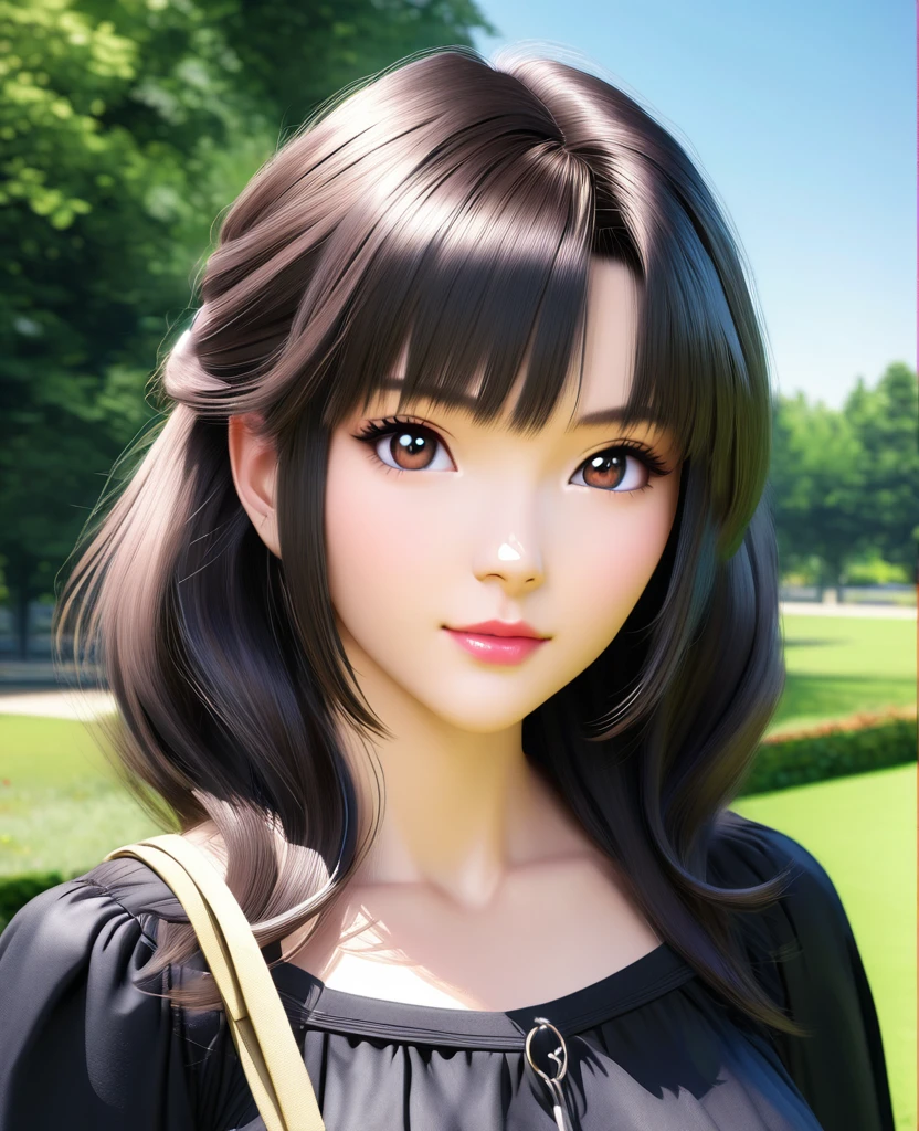 anime girl with a handbag and a purse in a park, anime girl wearing a black dress, attractive anime girl, realistic anime artstyle, realistic anime art style, realistic young anime girl, realistic anime 3 d style, in an anime style, marin kitagawa fanart, nico robin, smooth anime cg art, anime visual of a cute girl, 🤤 girl portrait