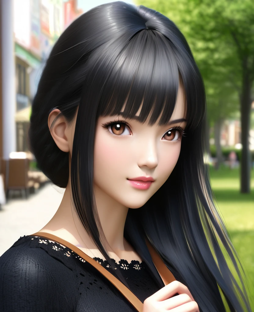 anime girl with a handbag and a purse in a park, anime girl wearing a black dress, attractive anime girl, realistic anime artstyle, realistic anime art style, realistic young anime girl, realistic anime 3 d style, in an anime style, marin kitagawa fanart, nico robin, smooth anime cg art, anime visual of a cute girl, 🤤 girl portrait