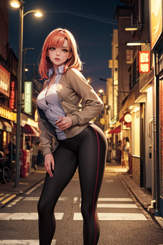 Highest quality, masterpiece, Cinema Lighting, Complex, cinematic detailed Realistic background, Detailed face, whole body, Small breasts, Realistic, Clear lines, , , A girl jogging, Cityscape, night, tie shirt, View your viewers, tattoo, Model pose, Open cardigan, Ring-shaped yellow eyes, Street lights, lamp post, Yoga pants, Split Color Hair,
