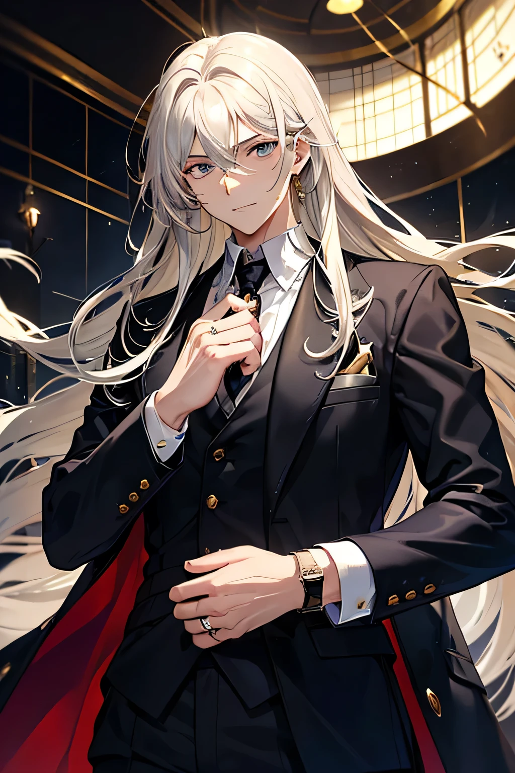 A gentleman exuding an aura of humility and strength, with an air of solitary elegance tinged with a touch of eccentricity. His long hair, not overly disheveled but slightly tousled, features a gradient transitioning from dark gold at the edges to deep brown. His eyes are deep and full of stories, a profound blue that seems to hide countless secrets, with smiling corners and a subtly upturned mouth. He wears a meticulously tailored suit, paired with a light purple shirt, and a vintage-style brooch at the collar. On his fingers, he sports a low-key but distinctive ring, and on his wrist, a simple, stylish watch with a leather strap instead of metal.