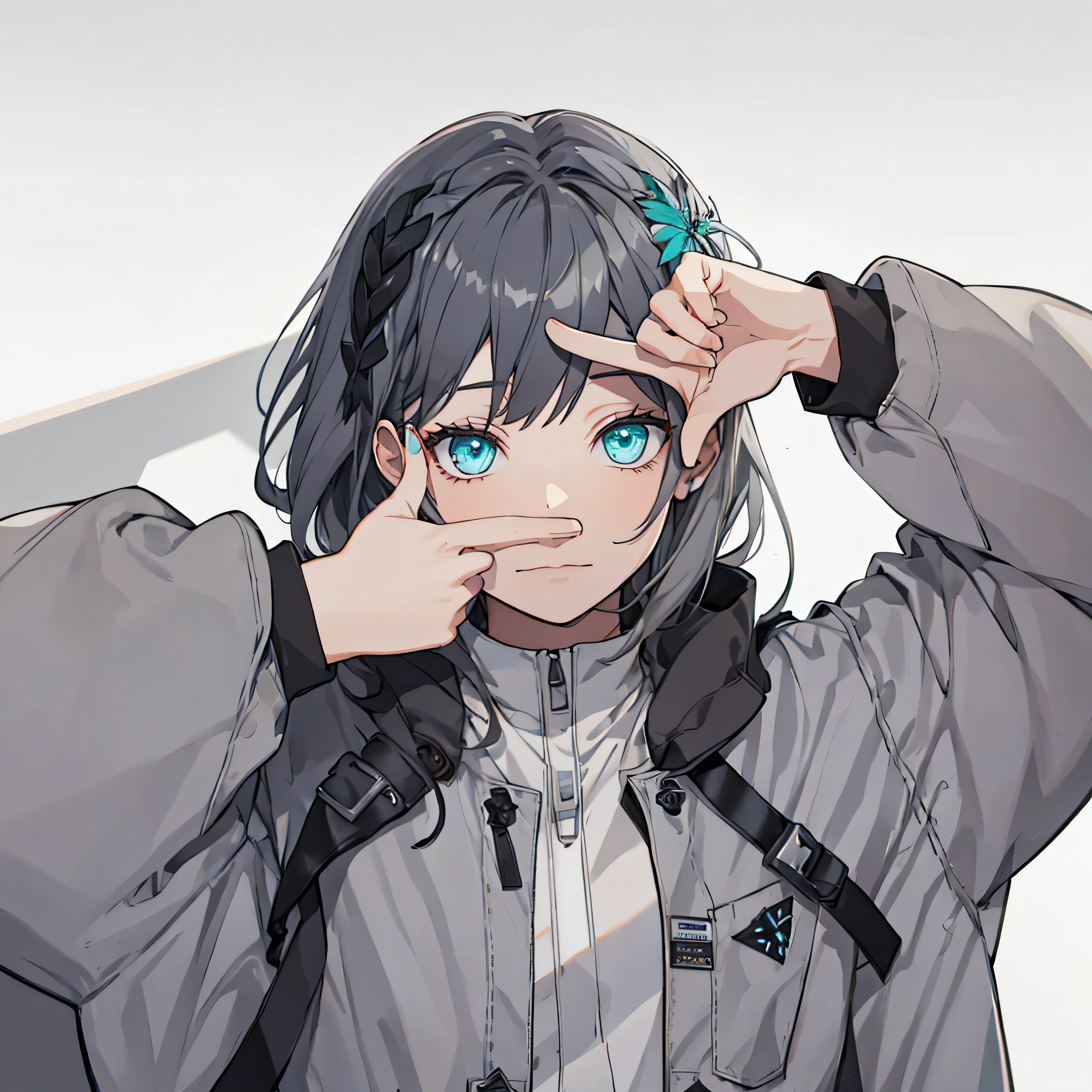 (Tabletop:1.2, Highest quality), One Girl, Turquoise Eyes, Positive, Jet black hair, Jacket,(Gray white background:1.7),finger frame,