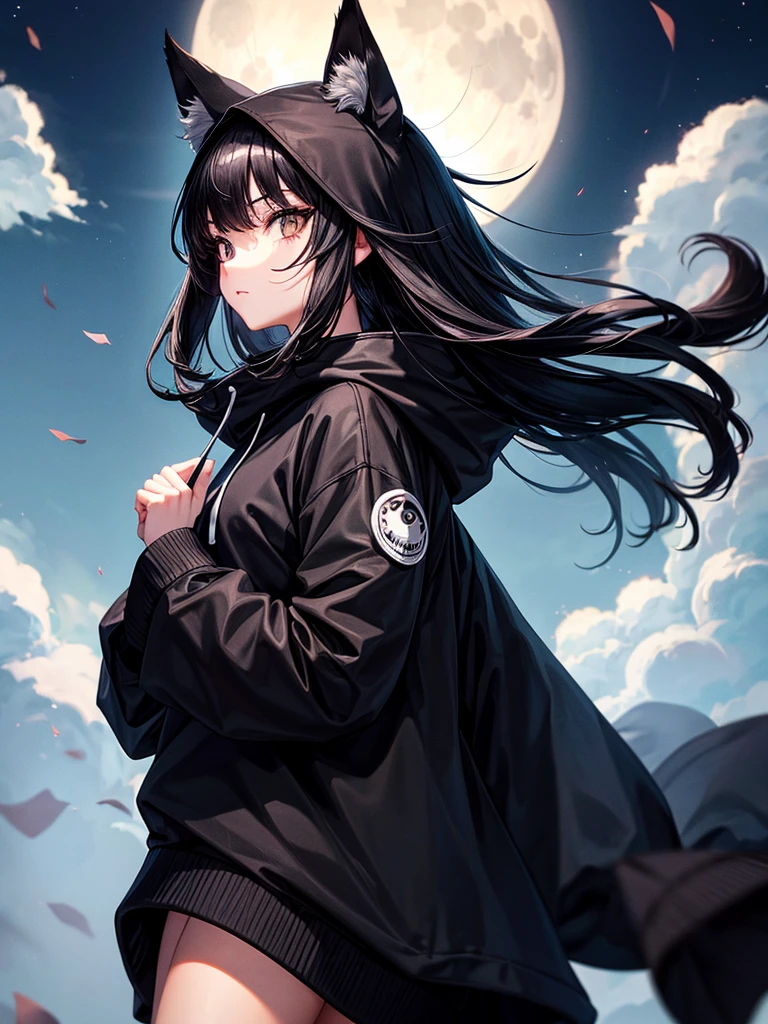 Fox girl, black eyes, black hair, long hair, wearing black sweatshirt, front view of the girl, black hood, night, full moon