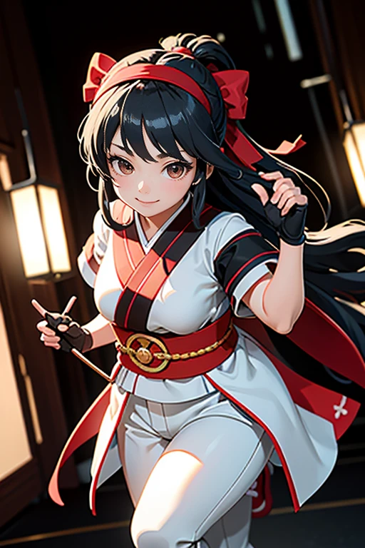 masterpiece, Highest quality,One girl, alone, Stagnation, red bow, bow, Long Hair, hair bow, Ainu clothing, alone, hair band, Black Hair, fingerless gloves, Short sleeve, gloves, sash, bangs, red hair band, chest, Brown eyes, White pants, kimono, masterpiece, A light smile, (figure: 1.5), Running towards the audience