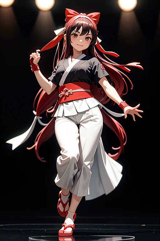masterpiece, Highest quality,One girl, alone, Stagnation, red bow, bow, Long Hair, hair bow, Ainu clothing, alone, hair band, Black Hair, fingerless gloves, Short sleeve, gloves, sash, bangs, red hair band, chest, Brown eyes, White pants, kimono, masterpiece, A light smile, (figure: 1.5), Running towards the audience