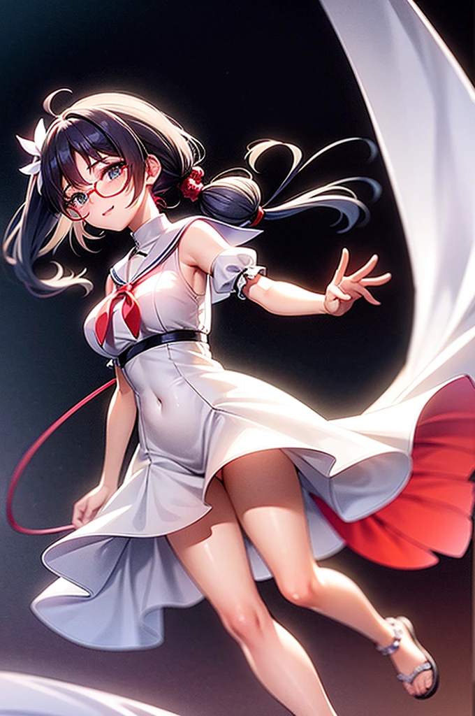 Red hair, light blue eyes, veil, arm cover, medium hair, wig, Enchanting and sparkling blue belly dance costume, kamisato ayaka,genshin impact,blue eyes,ponytail,white hair, feet out of frame, from above, two arms, walking motion, a girl, Very long hair, sliver hair, Air bangs, long bangs between eyes, short twintails, single braid, detailed black hair, Iridescence and rainbow hair, floating hair, huge ahoge, detailed anime face, seductive smile, Fire in eyes, fake animal ears, Canines, Glass shaped texture hand, bare breasts, bare stomach, barefoot, deep red eyes, scrunchie, white headwear, semi-rimless eyewear, sailor collar, angel wings, holding weapon, transparent raincoatblack gloves, large top sleeves, translucent fluttering skirt, sandals, insanely detailed frills, long top sleeves past fingers, cattail, plaid print cloth, white Clothes, There are only suspended staircase in the sky, Bottle bottom, floating water, Buddha's light shines back,