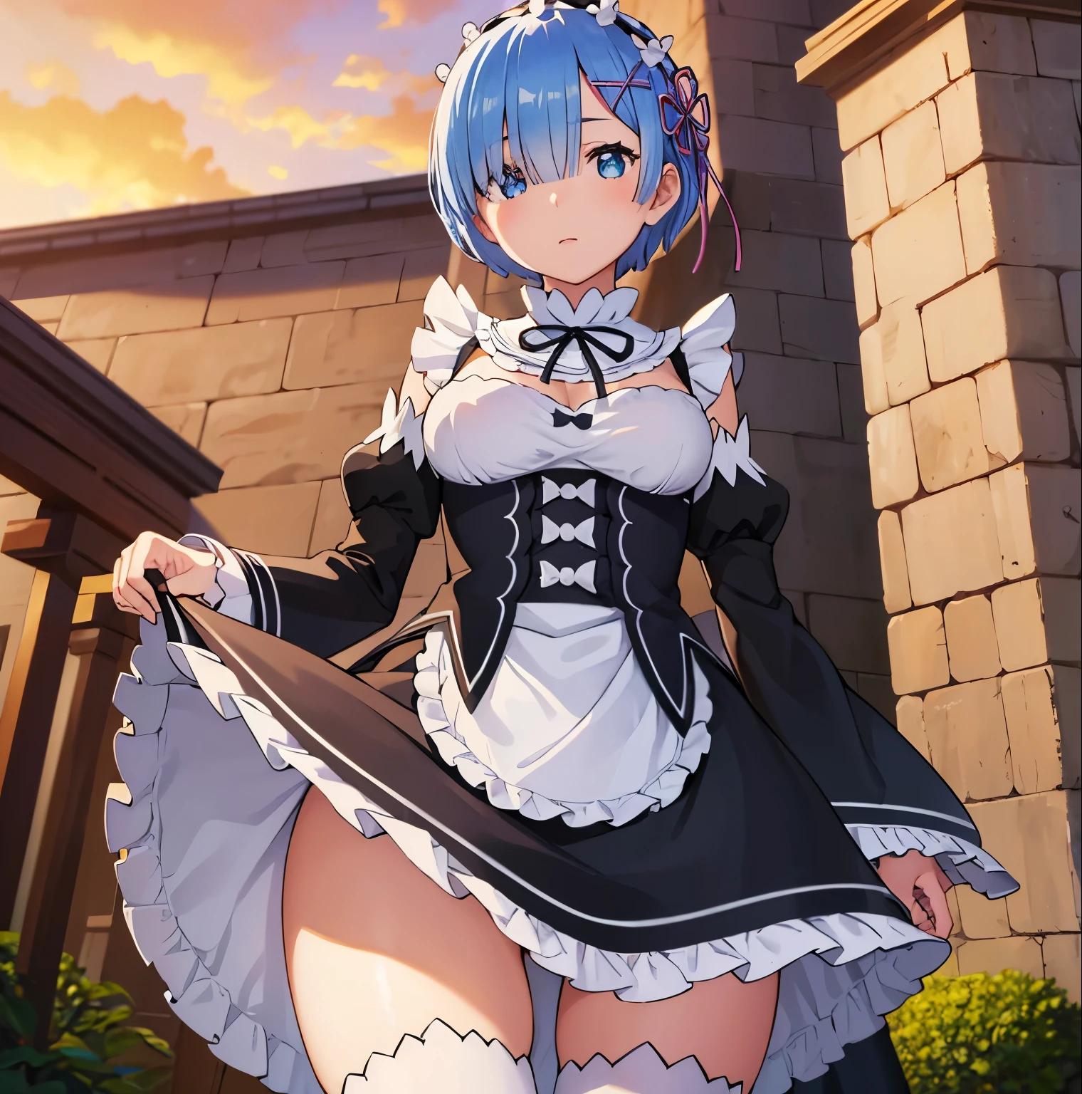 ((1girl)),((alone)),rem,re:zero,(masterpiece), (best quality), (ultra detailed), (best illustration), (best shadow), (absurdities), sharp focus, cowboy shot, dynamic posture looking at viewer, big breasts, narrow waist, wide hips, wide thighs, round butt, erotic, romantic, (very detailed eyes, lips 1.1), very detailed eyes, eyes, Very detailed face, Very face beautiful, full height, beautiful slim figure, femininity, expressive appearance, elastic big breasts, increased sexuality, blue eyes, blue hair, hair ornament, hair over one eye, hair ribbon, short hair, x hair ornament , apron, black ribbon, black skirt, black sleeves, detached collar, detached sleeves, flower, ruffled apron, ruffled skirt, ruffles, head crown, long sleeves, maid, miniskirt, neck ribbon, purple ribbon, ribbon, ribbon trim, ribbon trimmed sleeves, roswaal mansion maid uniform, short hair, skirt, thigh highs, waist apron, white apron, white stockings, , defined body, Perfect and beautiful body, perfect and beautiful, , closed mouth, calm expression, blushing, (sexy pose: 1.2), ((only)), standing: 1.3, outdoor, castle, garden, flowers, grass, fountain, clouds, sunset, looking forward, ((focus on panties)), (lifting skirt:1.4), point of view: (from below), red blush, perfect anatomy, perfect hands