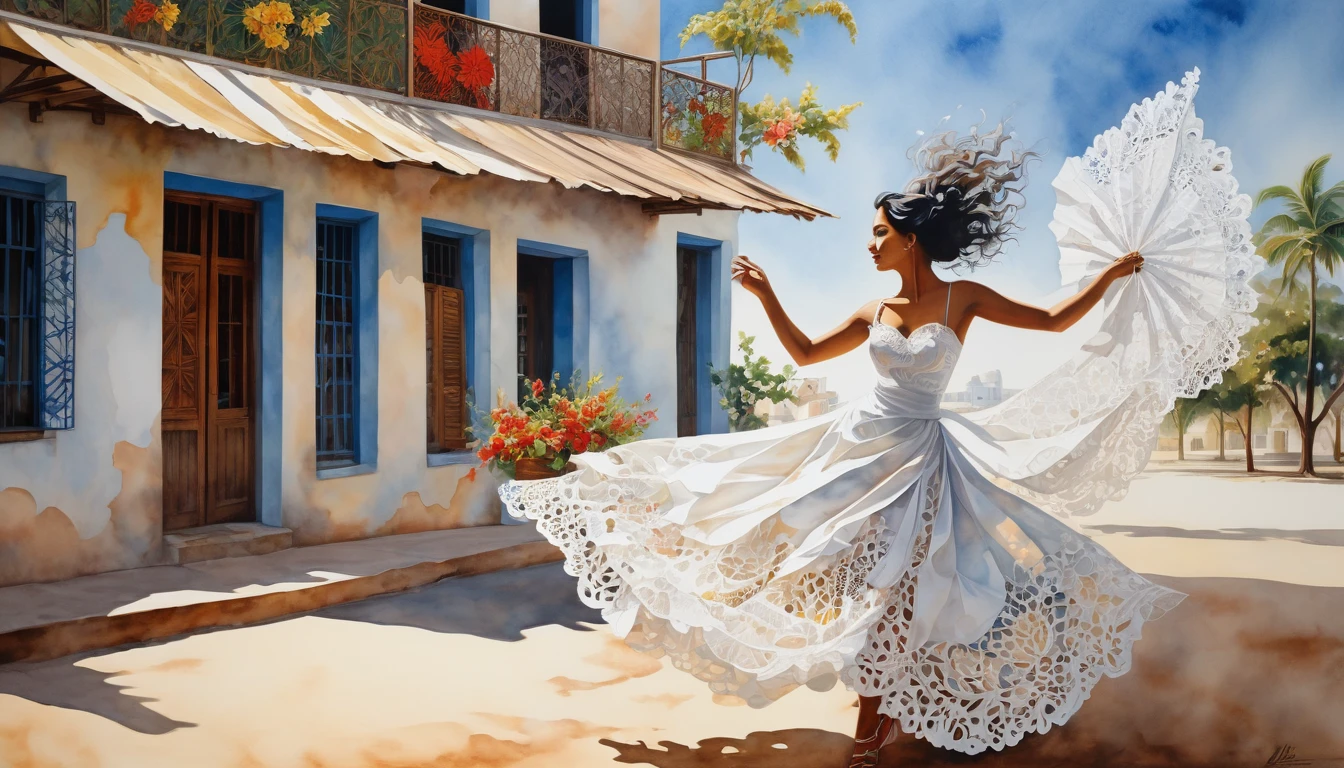 Cuban woman dancing salsa、A fusion of oil and watercolor, A fusion of paper cutting and shadow art, Highest quality, Super Fine, 16K, Incredibly absurd, Very detailed, delicate and dynamic, Light steppe, Bright sunlight, large piece of frilly white lace hanging out to dry fluttering in the Wind, Wind, Wind effects, A work of art depicting peaceful happiness