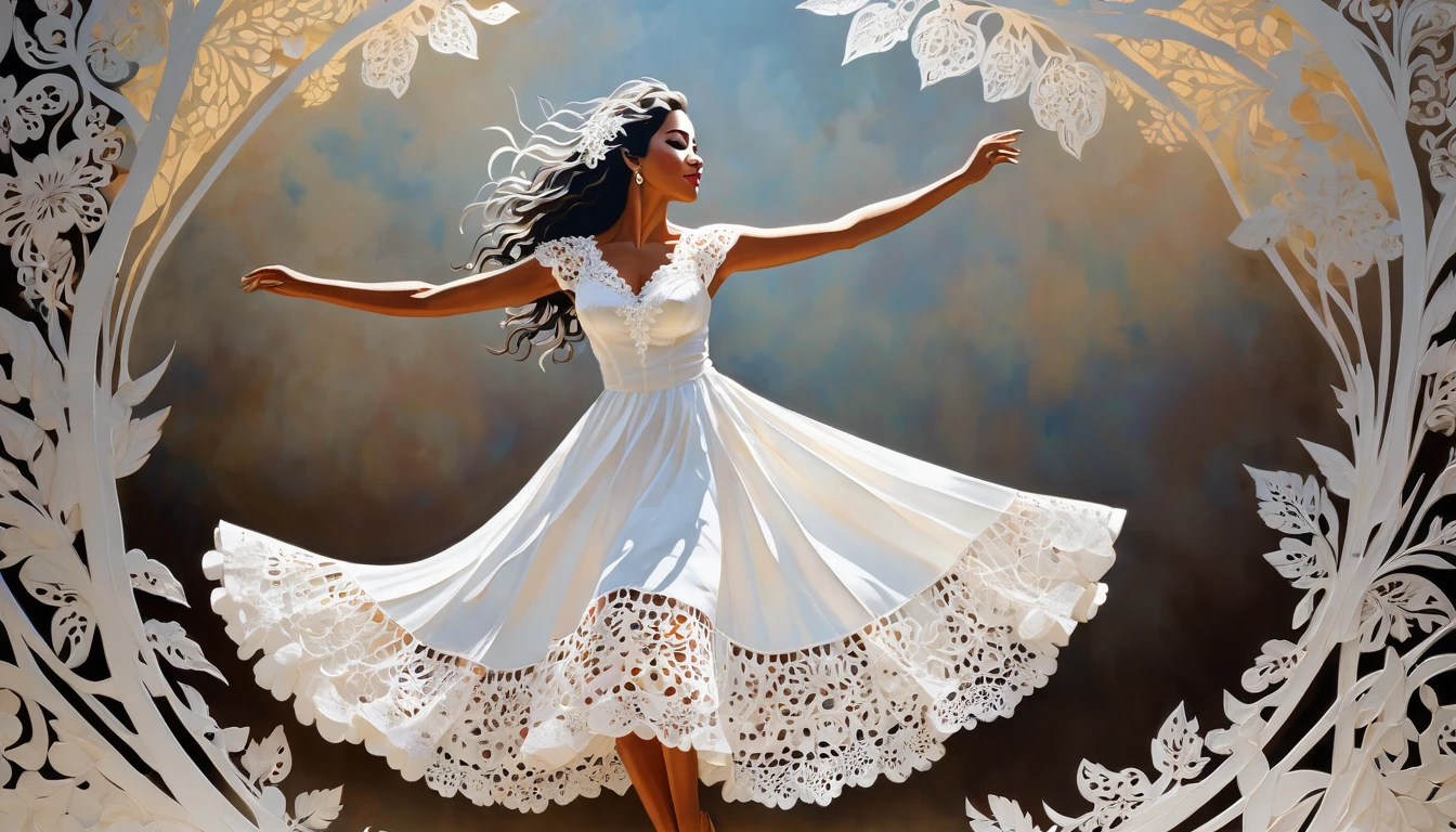 Cuban woman dancing salsa、A fusion of oil and watercolor, A fusion of paper cutting and shadow art, Highest quality, Super Fine, 16K, Incredibly absurd, Very detailed, delicate and dynamic, Light steppe, Bright sunlight, large piece of frilly white lace hanging out to dry fluttering in the Wind, Wind, Wind effects, A work of art depicting peaceful happiness