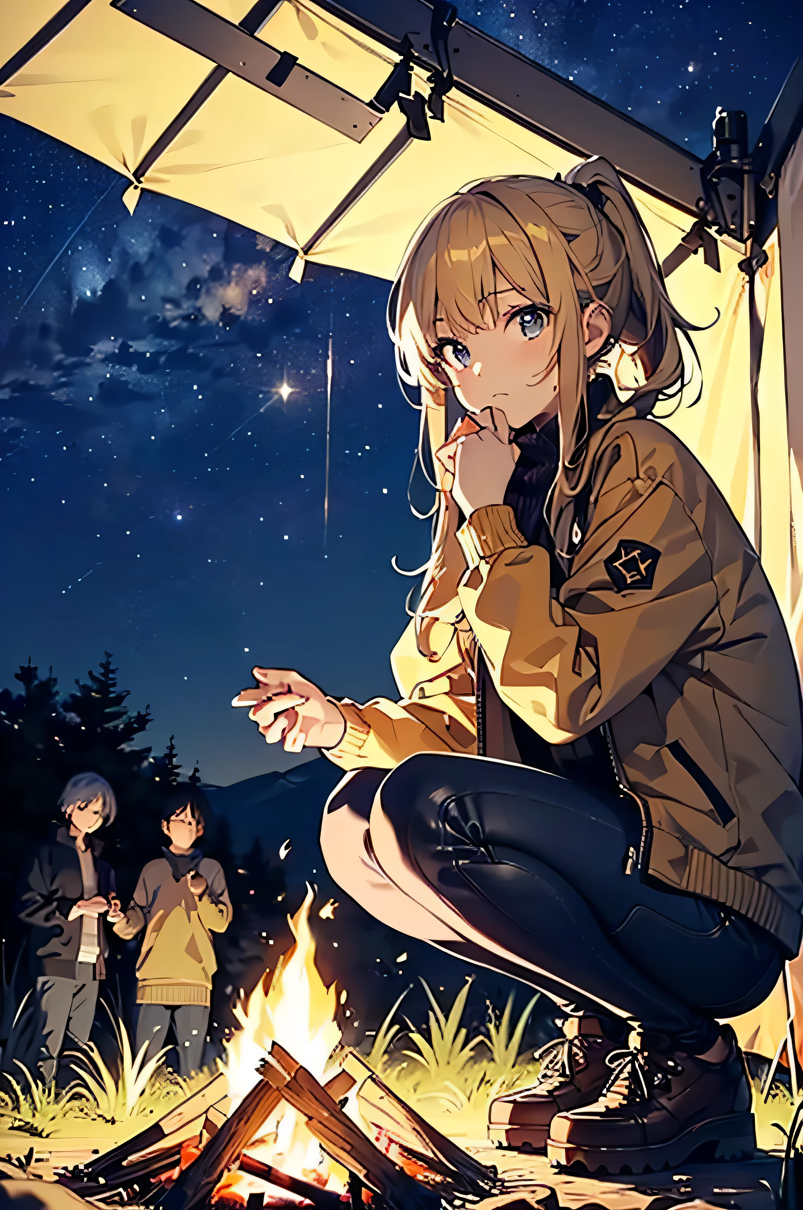 (Highest quality、in 8K、32K、masterpiece、Hmph、Ultra-high resolution、impressionism、Photorealistic:1.2)、Cowboy Shot、Sharp focus、Detailed face and eyes、(At night, tents and campfires are lit in the fields., camp, Outdoors at night, Starry Night, Outdoors at night, See the stars at night, Under the stars, At the campfire at night, glamping, at night, Barrel fire and tent, Outside at night, camp field, Campfire in the background, Gaze at the stars, Night Scenery, at night)、Sharp pupils、Realistic students、Beautiful Face、18 year old beautiful girl、Glowing Skin、Very Short Hair、ponytail、Beautiful golden hair、Dark blue eyes、Down jacket、Jumper miniskirt、Black mountaineering shoes、(Hold your hand over the bonfire、squat、Face is illuminated:1.3)、(Embarrassed look:1.2)、Mel Kishida