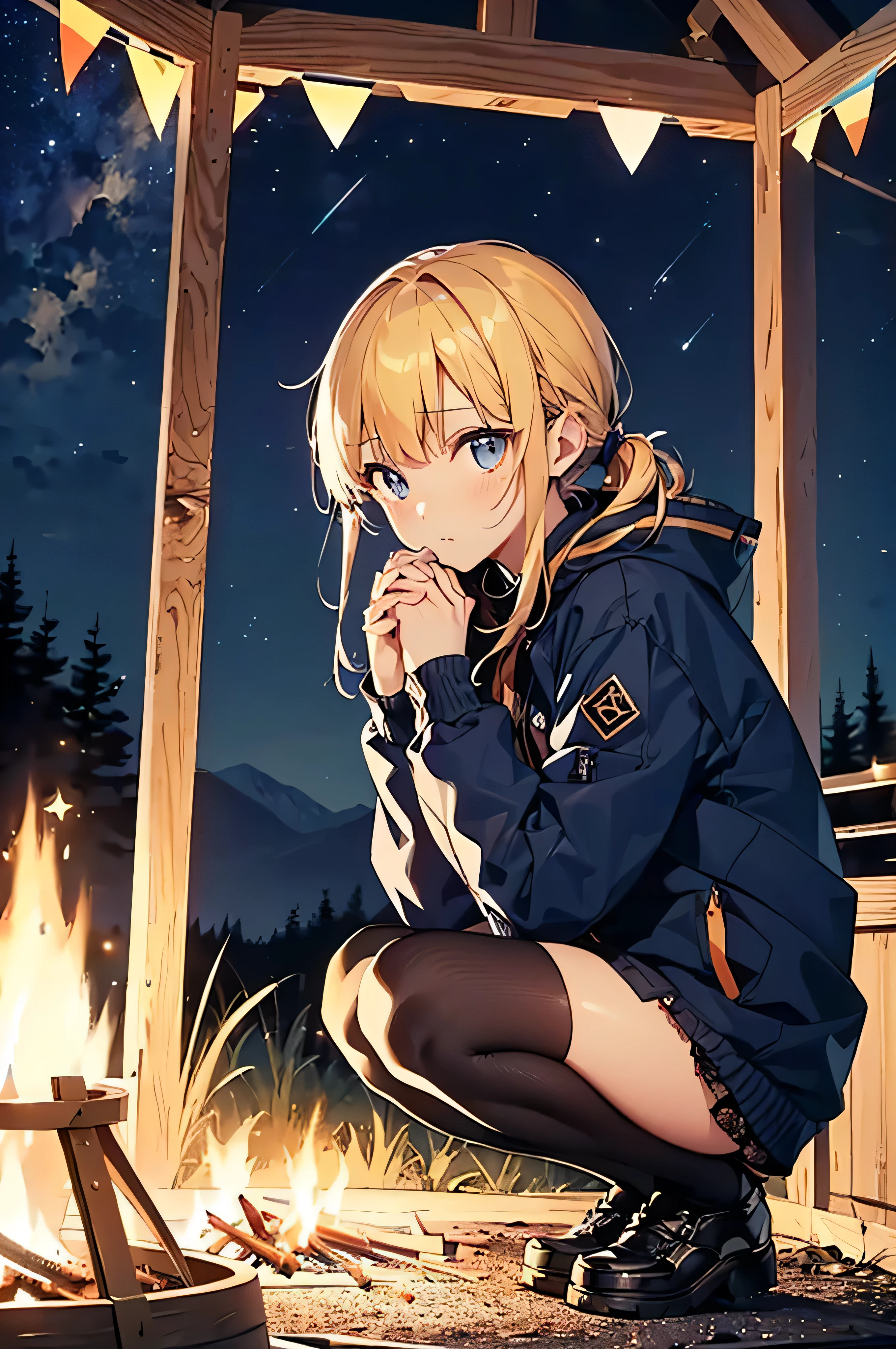 (Highest quality、in 8K、32K、masterpiece、Hmph、Ultra-high resolution、impressionism、Photorealistic:1.2)、Cowboy Shot、Sharp focus、Detailed face and eyes、(At night, tents and campfires are lit in the fields., camp, Outdoors at night, Starry Night, Outdoors at night, See the stars at night, Under the stars, At the campfire at night, glamping, at night, Barrel fire and tent, Outside at night, camp field, Campfire in the background, Gaze at the stars, Night Scenery, at night)、Sharp pupils、Realistic students、Beautiful Face、18 year old beautiful girl、Glowing Skin、Very Short Hair、ponytail、Beautiful golden hair、Dark blue eyes、Down jacket、Jumper miniskirt、Black mountaineering shoes、(Hold your hand over the bonfire、squat、Face is illuminated:1.3)、(Embarrassed look:1.2)、Mel Kishida