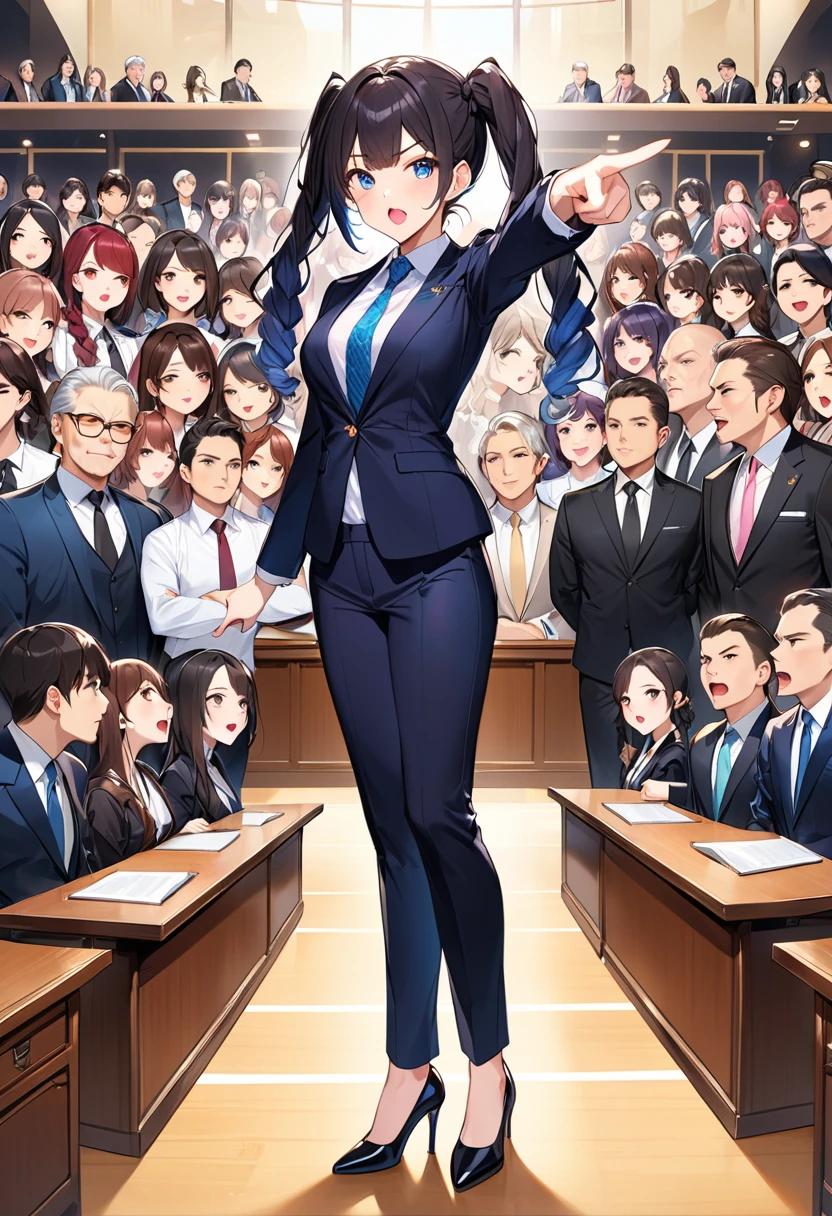 Highest quality、High resolution、Detailed Background、Beautiful face in every detail、Anatomically correct、Detailed facial expressions、fine grain、((full body, ((side shot:1.3)), looking away:1.5)), break　((One Girl、Chibi Girl))、(lawyer)、Jet Black Hair、Big beautiful blue eyes、light makeup, Angry face、Open your mouth and shout、Fuller lips、Pink Lips、Braided twin tails、break　(Luxury dark suit:1.3、Silk Shirt:1.3、tie、Black high heels)、break　((Stand on the desk:1.3))、Open your feet shoulder-width apart、Stand up straight、((Pointing to the horizontal:1.3)), (The background is the court、A lot of spectators）