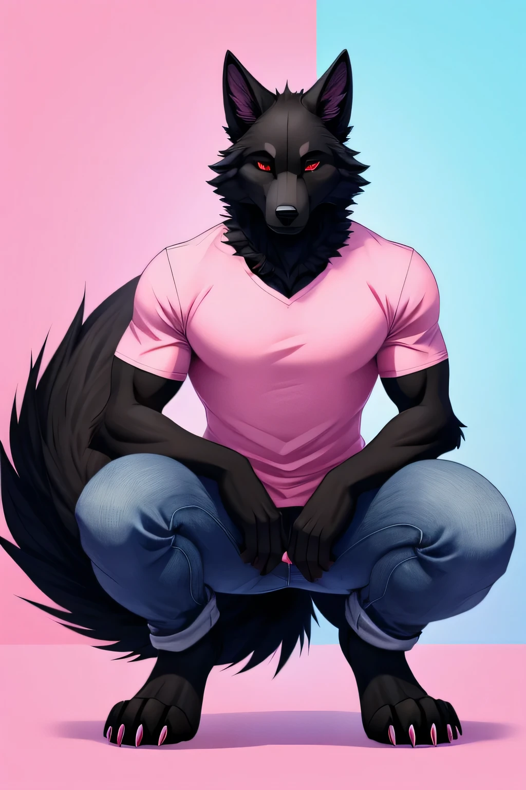 Male black wolf squat pose legs open furry claws on knees jeans and pink shirts blue pink background fluffy tail red eyes look sexy