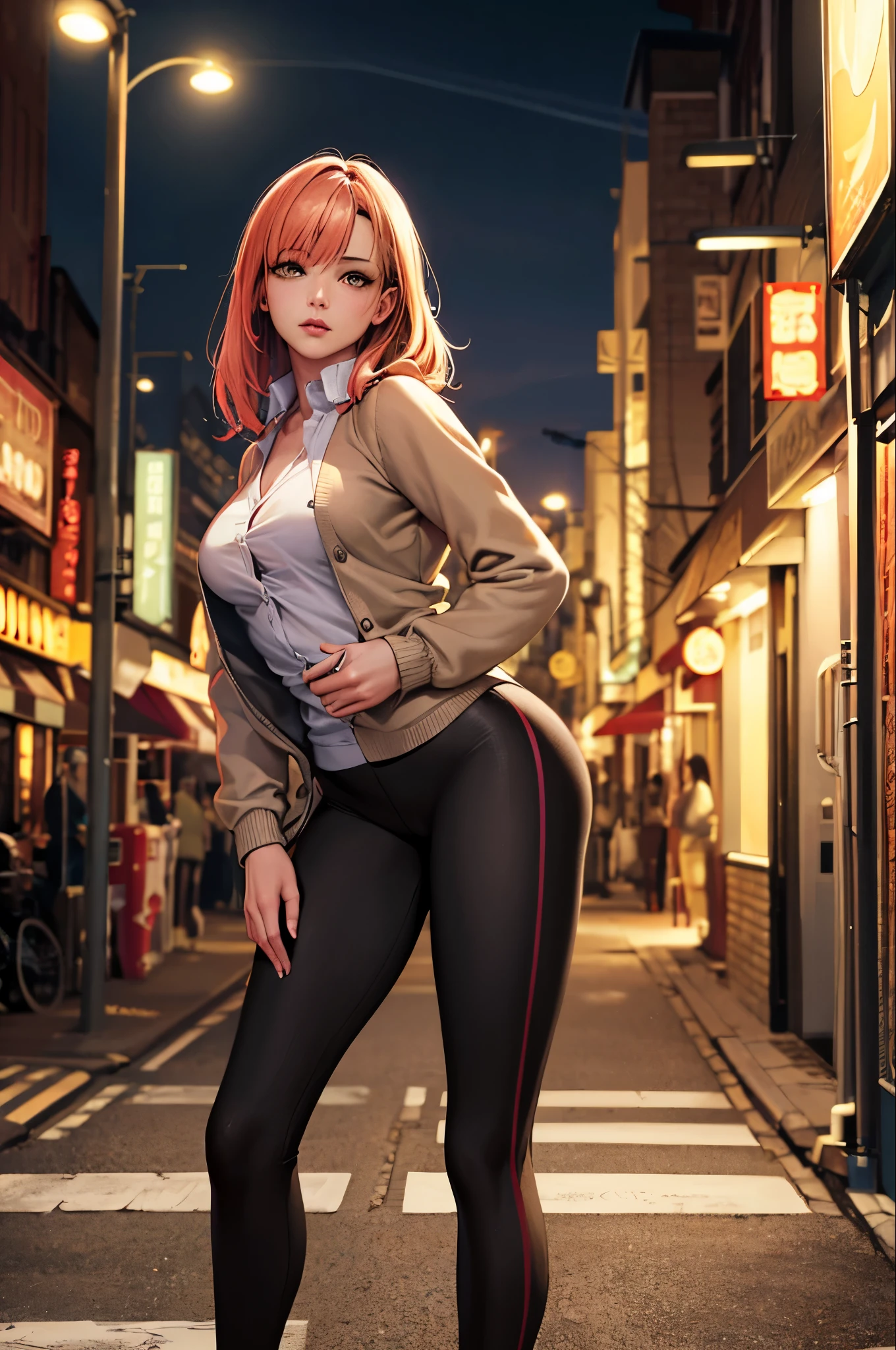 Highest quality, masterpiece, Cinema Lighting, Complex, cinematic detailed Realistic background, Detailed face, whole body, Small breasts, Realistic, Clear lines, , , A girl jogging, Cityscape, night, tie shirt, View your viewers, tattoo, Model pose, Open cardigan, Ring-shaped yellow eyes, Street lights, lamp post, Yoga pants, Split Color Hair, 