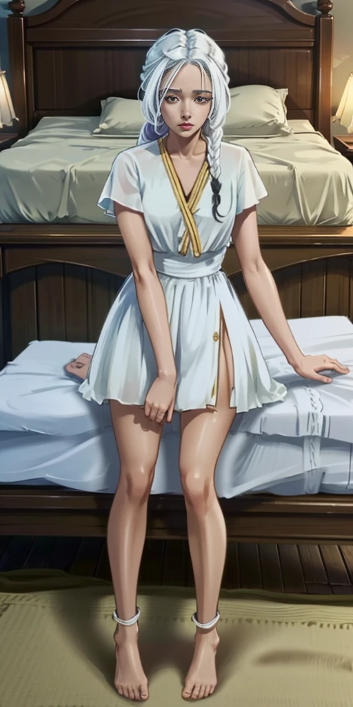 Woman White hair Golden eyes White skin White clothes Bed Bedroom Side braids Open legs High quality Masterpiece