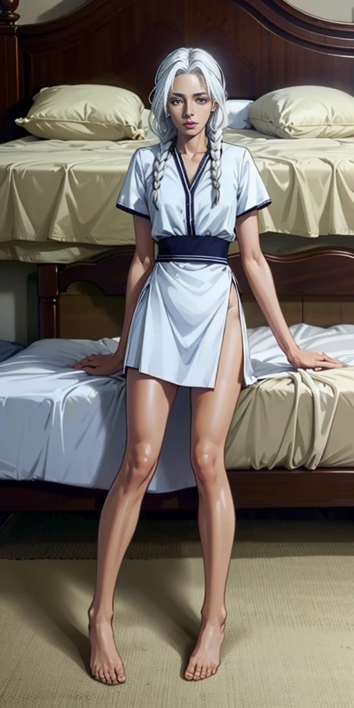 Woman White hair Golden eyes White skin White clothes Bed Bedroom Side braids Open legs High quality Masterpiece