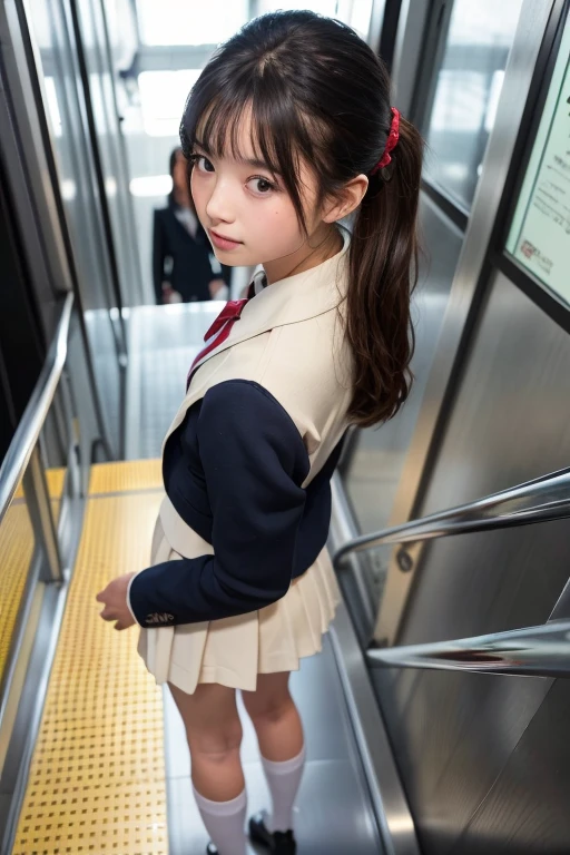((Highest quality)), ((masterpiece)), (Familiar), A high school girl riding an escalator on her way to school、Glare、Navy Blazer、mini skirt、Navy blue socks、Rear view、Secret photos、(View from directly below)、mini skirtにズーム、Station Escalator、Everybody line up on the left、顔のみのコマとRear viewのコマ, low angle