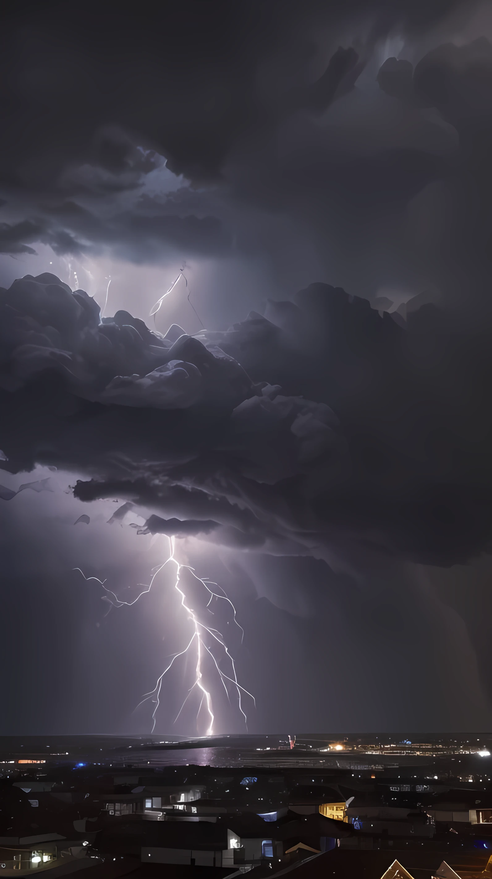 immediate, Nearby lightning, unexpectedly strong rain, Lightning strikes the town, daytime, Beautiful lightning, No people, ultra-high resolution, 8K, 16K, HD, cumulonimbus, photo, Vivid rain clouds, Connection to the Universe, Natural Threats, Clouds where angels live,