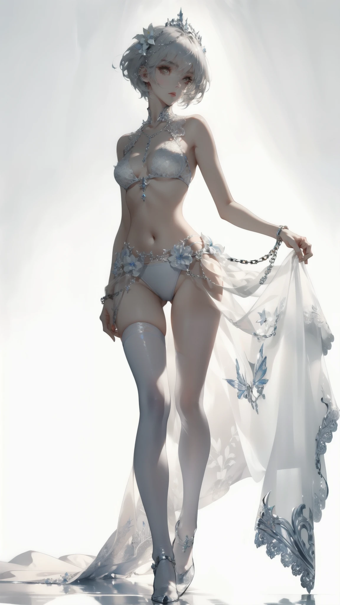 ((masterpiece, best quality)), Delicate face，knight，Standing picture，whole body，Perfect body proportions，Long legs，Handsome short hair，Beautiful silver eyes，Fantasy style，White background，Extremely beautiful，transparent，Pure white flower marriage，Sexy bikini，chain，Tattoo，Lace，exposed