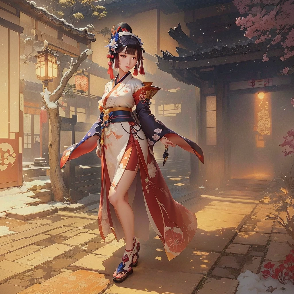 An anime-style woman in a kimono walking through a courtyard, The Detailed Art of the Onmyoji, Gwaiz on artstation pixiv, Gwaiz on pixiv artstation, Gwaiz, Traditional Japanese concept art, onmyoji, Kschaert Krentz Key Art Feminine, artstation pixivでトレンド, Ayaka Genshin Impact