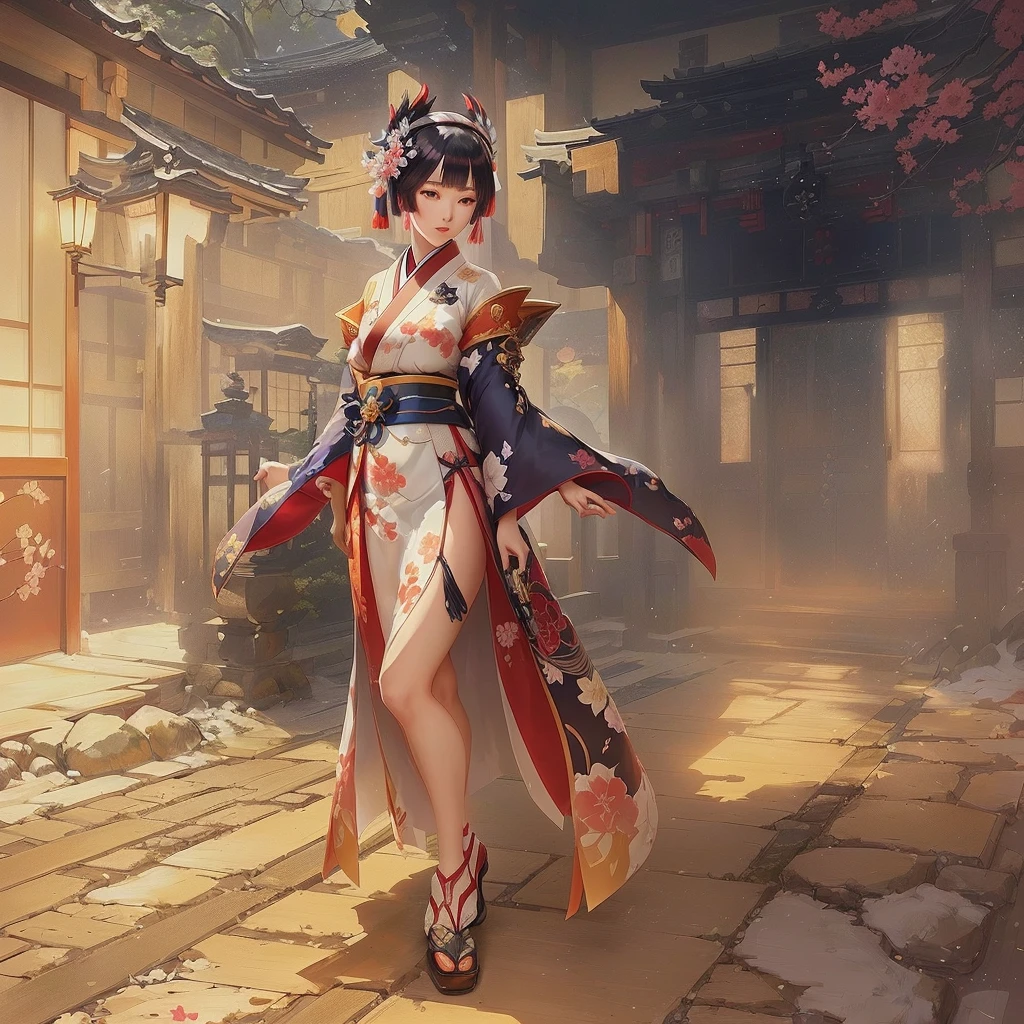 An anime-style woman in a kimono walking through a courtyard, The Detailed Art of the Onmyoji, Gwaiz on artstation pixiv, Gwaiz on pixiv artstation, Gwaiz, Traditional Japanese concept art, onmyoji, Kschaert Krentz Key Art Feminine, artstation pixivでトレンド, Ayaka Genshin Impact