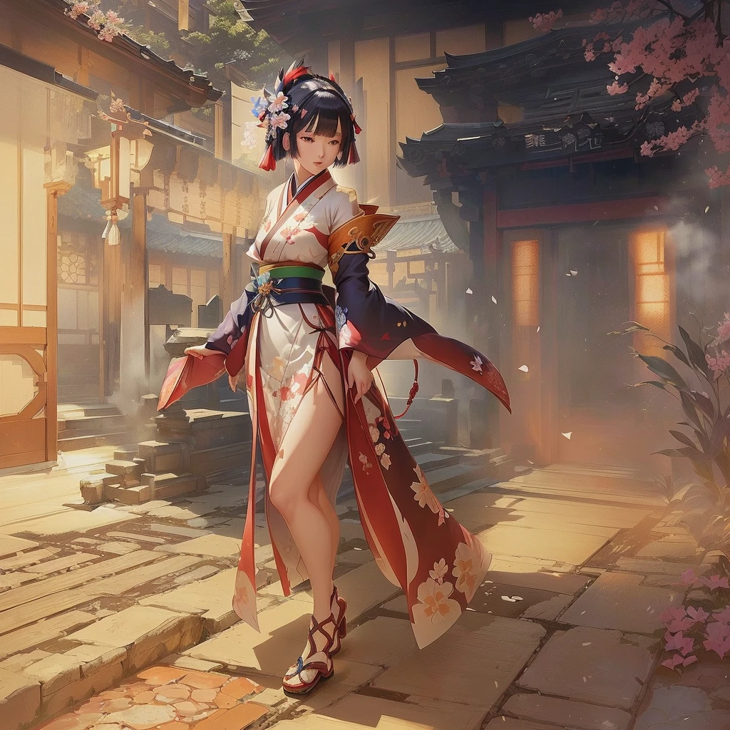 An anime-style woman in a kimono walking through a courtyard, The Detailed Art of the Onmyoji, Gwaiz on artstation pixiv, Gwaiz on pixiv artstation, Gwaiz, Traditional Japanese concept art, onmyoji, Kschaert Krentz Key Art Feminine, artstation pixivでトレンド, Ayaka Genshin Impact