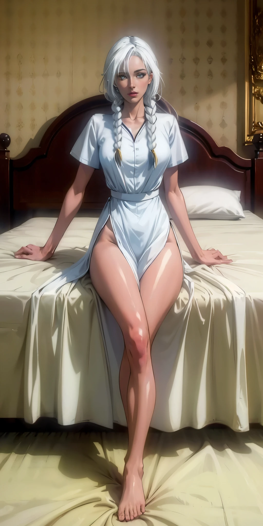 Woman White hair Golden eyes White skin White clothes Bed Bedroom Side braids Open legs High quality Masterpiece