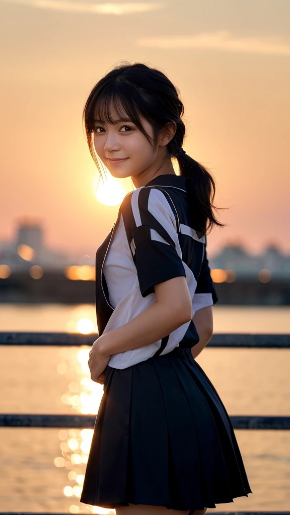 (highest quality,masterpiece:1.3,ultra high resolution),(Super detailed,caustics,8k),(photorealistic:1.4,RAW shooting),A girl turning around with a smile,buckshot,18-year-old,Japanese,cute,black short ponytail,hair blowing in the wind,sailor suit,Skirt in the wind,face focus,low position:1.4,low angle full body shot:1.3,Backlight,sunset,sunset sky,
