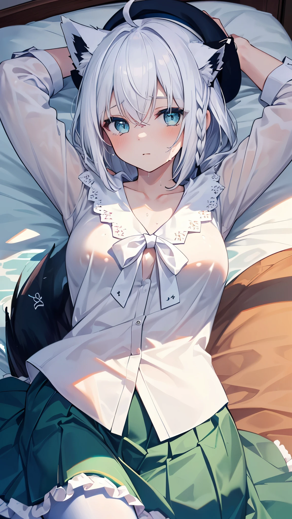 (best quality:1.2), (ultra detailed:1.2),(masterpiece:1.2),(8k:1.2),(ccfbk, long hair, ahoge, animal ears, beret, black headwear, fox tail, collarbone, white bowtie, white shirt, long sleeves, frilled skirt, green skirt, black pantyhose),(Blessed,Captivating body、Ultra detailed hands、Ultra-detailed eyes、Ultra-detailed skin、ultra-detailed face,Detailed Background),One Girl、(bedroom,lie down, watery eyes,arms up:1.5),(Embarrassing:1.5)